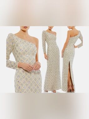 Mac Duggal A5479 SHG, Sequin One-Shoulder Long Dress in Silver & Gold. Sz 6